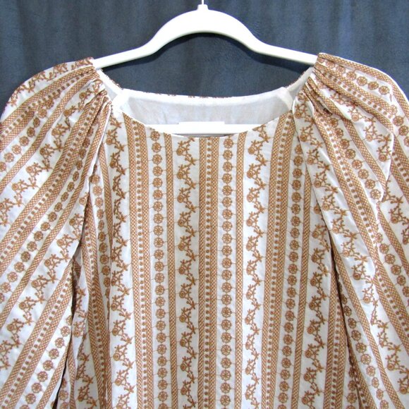Calvin Klein Top Sz L White Golden Brown Embroidered Stripe Balloon Slv Peasant - Picture 2 of 12
